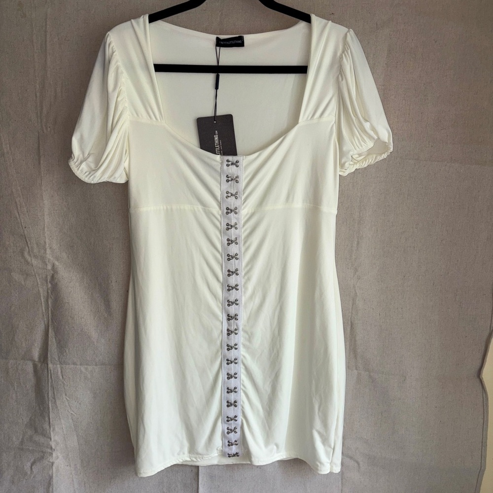 Pretty Little Thing White slinky hook&eye puff sleeve bodycon dress US Sz 12 NWT